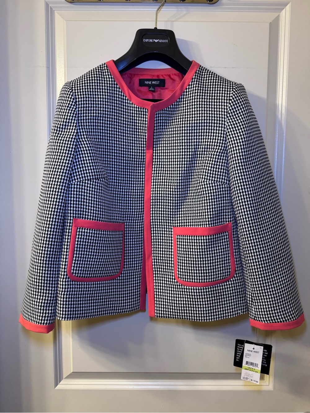 Nine West Black & White Houndstooth Jacket with Pink Trim Accents